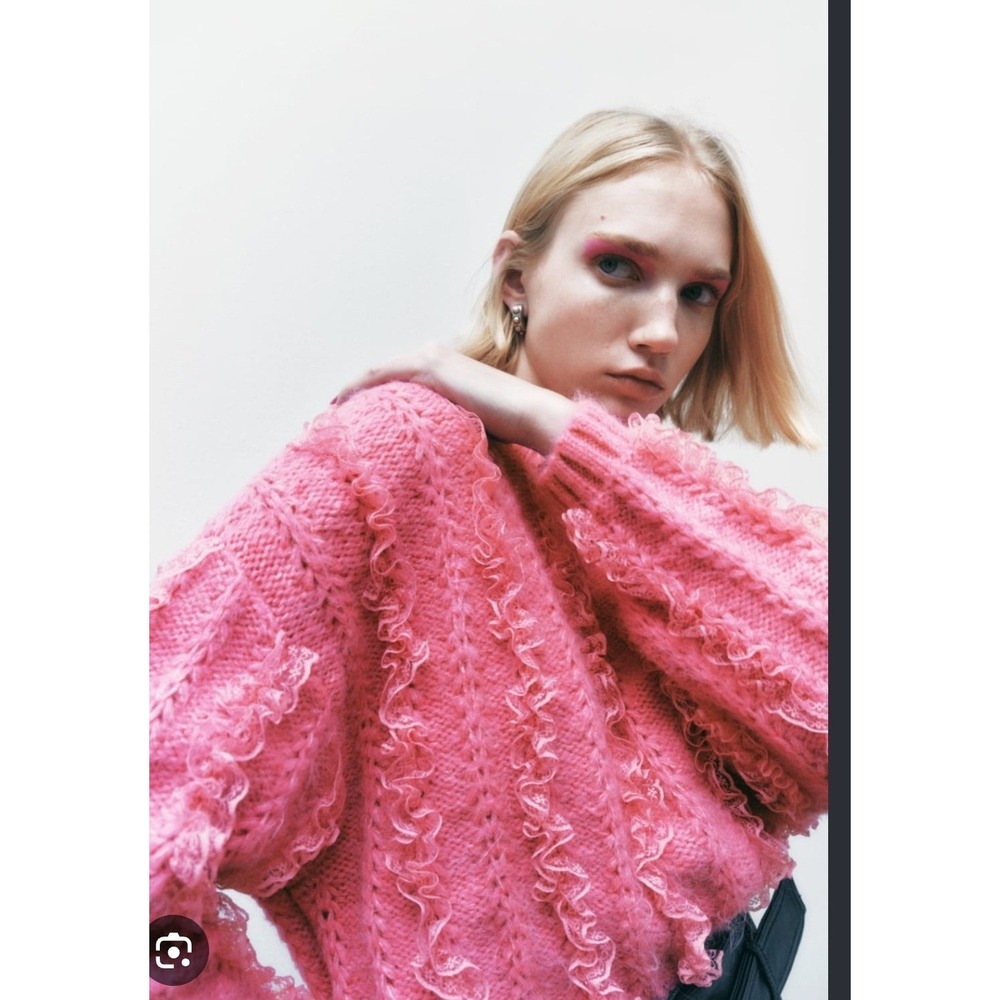 Zara Ruffle Cable Knit Sweater Womens Small Pink Excellent Lace Trim Crew Neck